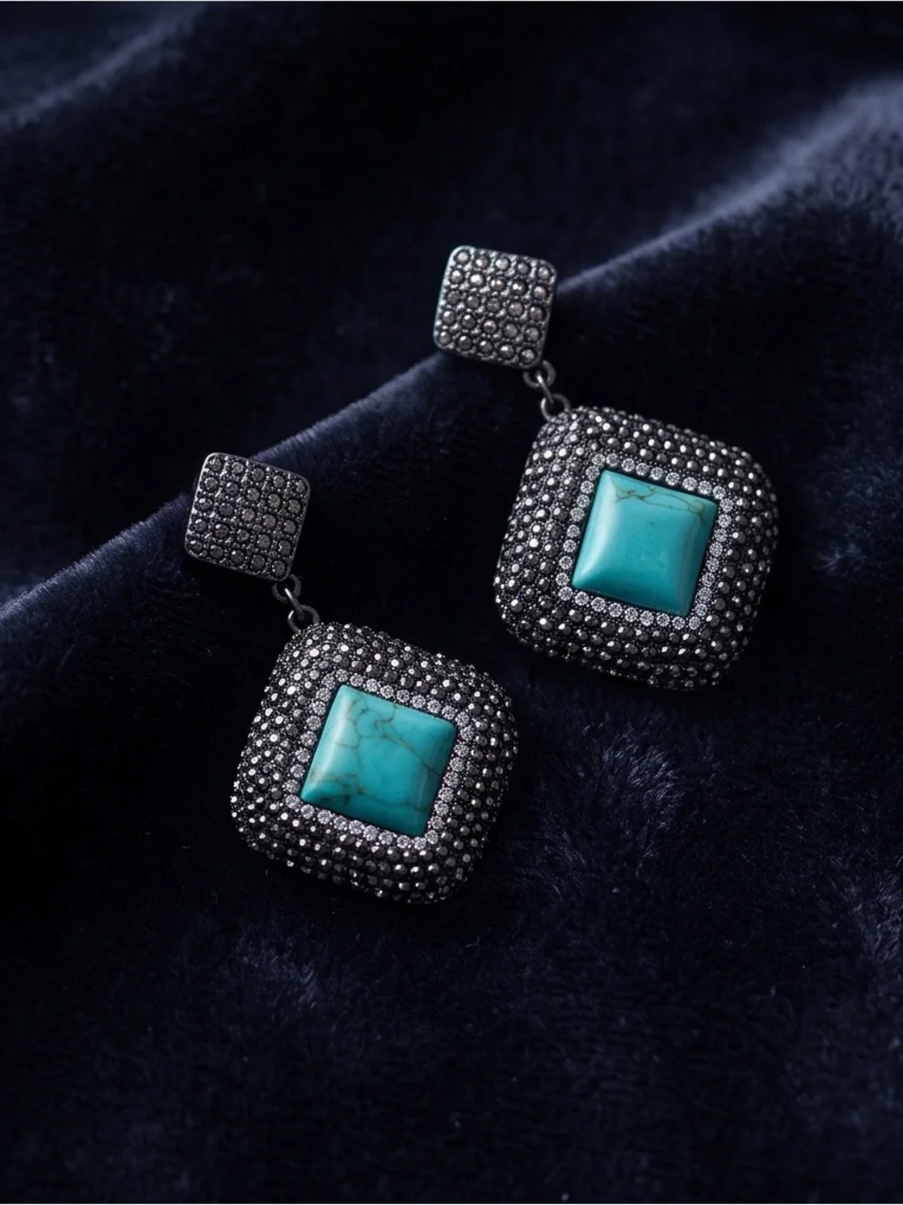 Turquoise Square Drop Earrings with Pave Crystal Frame